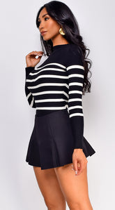 Alana Stripe Mock Neck Sweater Top - Black